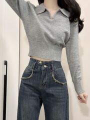 高级感灰色polo翻领长袖针织上衣女装秋冬修身短款内搭毛衣打底衫