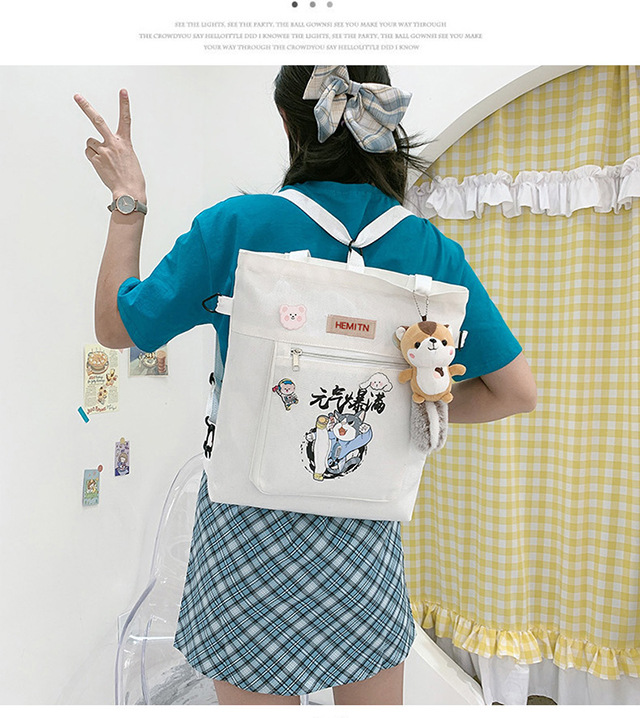 Canvas bag, single-shoulder, double-back, crossbody, multi-purpose student backpack, simple little dog, large-capacity hand-carry, college student tutorial bag undefined