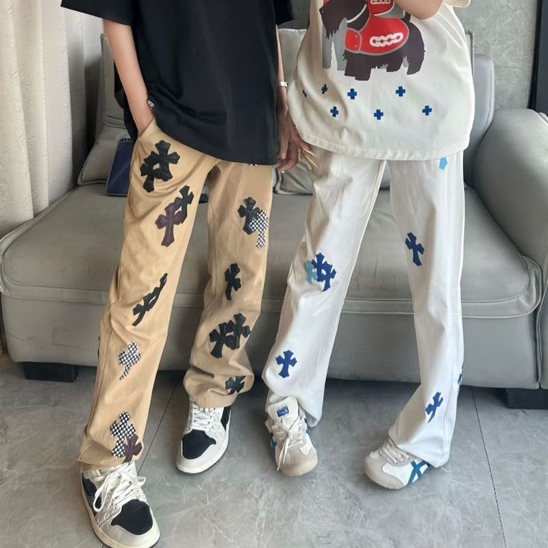 新款美式高街贴皮十字架白色潮牌牛仔裤男女同款宽松直筒长裤水洗|undefined