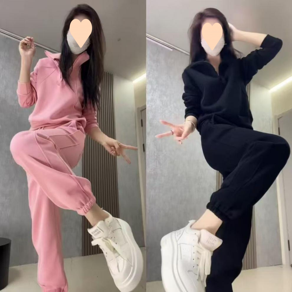 ActiveGo ActiveGo Fleece-Lined Casual Sports Women's Sweatshirt Winter Warm Fashionable Thickened Two-Piece Set_desvips.com