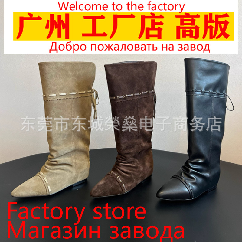 Genuine Leather Pointed Toe Long Knight Boots for Women 2025 Early Autumn New Wide Tube Retro Flats Bottom Foldableing Pleated Boots