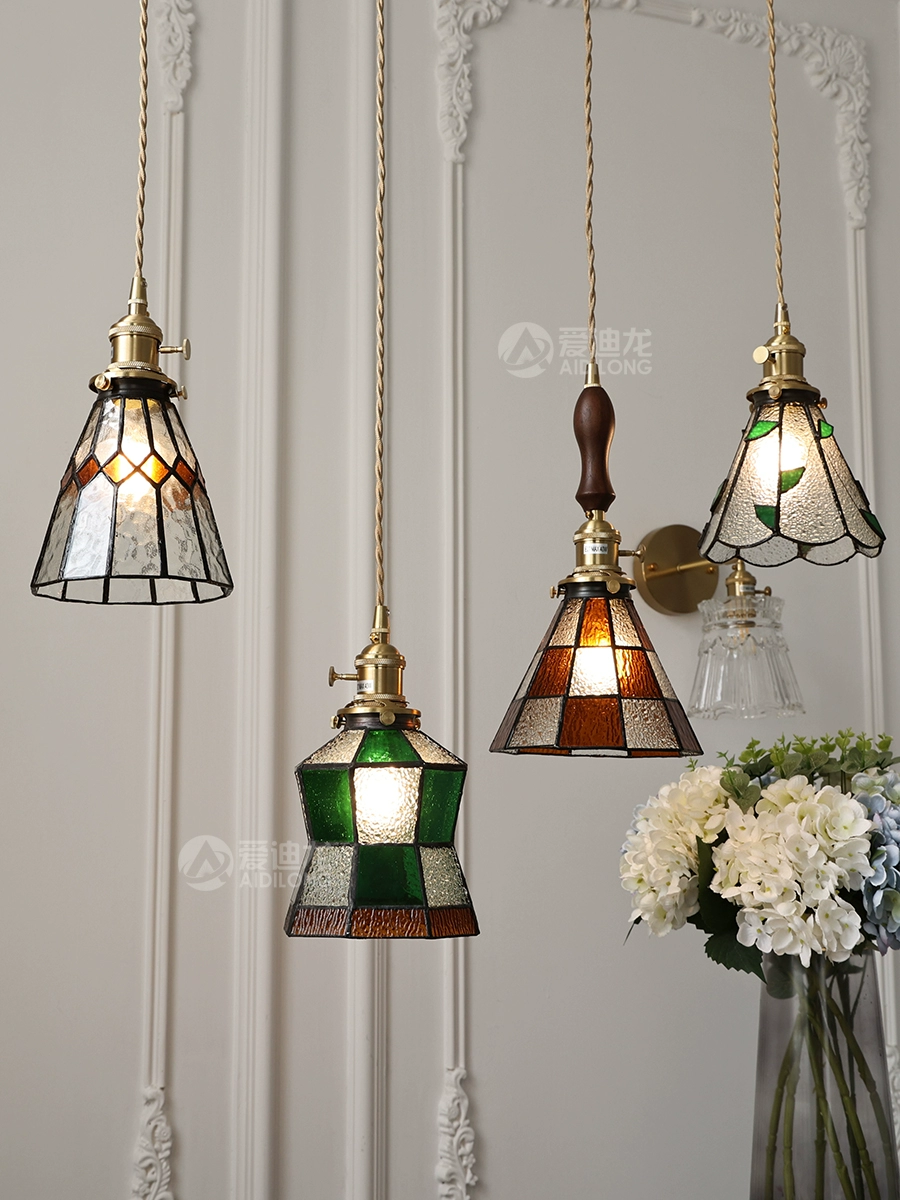 Japanese retro brass green glass ceiling lamp for living room, lights for bed