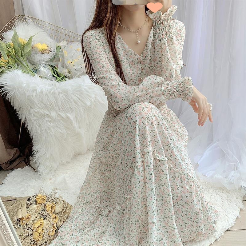 Fresh Floral Skirt Chiffon Dress Long Skirt Women's 2025 Spring New Korean Style Fairy Skirt Ruffled Large Hem Skirt