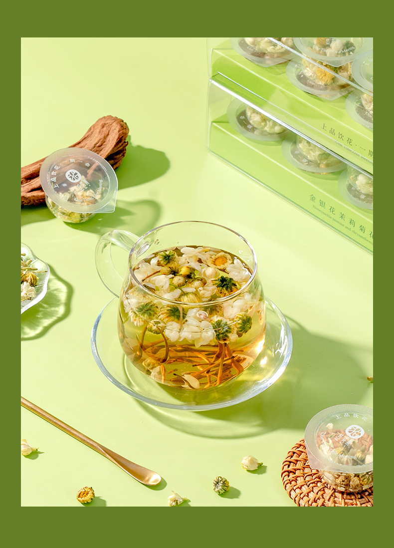 Three Flower Tea San Hua Cha Honeysuckle Jasmine Chrysanthemum Blend 10g Mini Jar Hot Brew Herbal Tea specifications