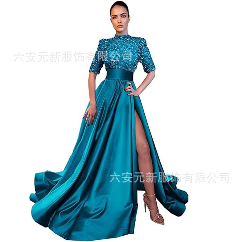Europeo y americano Amazon AliExpress vestido de fiesta media manga lentejuelas satén vestido de noche A-line vestido de fiesta de hendidura image 36