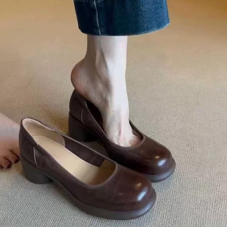 现货版~复古浅口真皮单鞋女圆头粗跟一脚蹬玛丽珍鞋英伦风小皮鞋