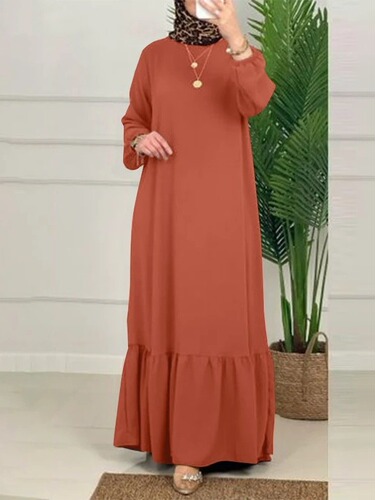 National costumes Arabian solid color long dress, bubble sleeves, ruffled dress, retro robe, national style