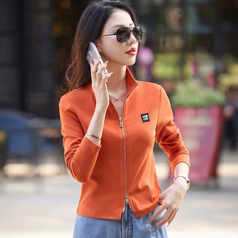 Short double-zipper stand-up collar base shirt for women, 2026 spring new style, long-sleeve t-shirt, sweatshirt, jacket, pure cotton top Short double-zipper stand-up collar base shirt for women, 2026 spring new style, long-sleeve t-shirt, sweatshirt, jacket, pure cotton top