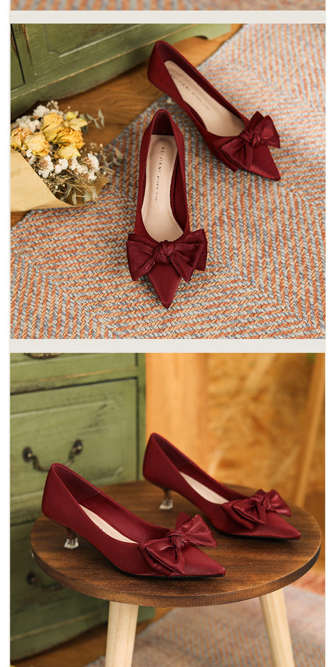 Giày cao gót nữ mũi nhọn gót nhọn 3–6 cm chất liệu satin da cừu thắt nơ — Màu mơ, Màu xanh lá, Màu đỏ rượu chi tiết 19
