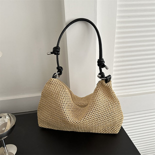 Capacious straw beach bag one shoulder, brand handheld bucket