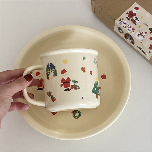 Christmas only!  Cute Cream Graffiti Christmas Ceramic Cup Dessert Plate Set Mug Christmas Decoration Gift