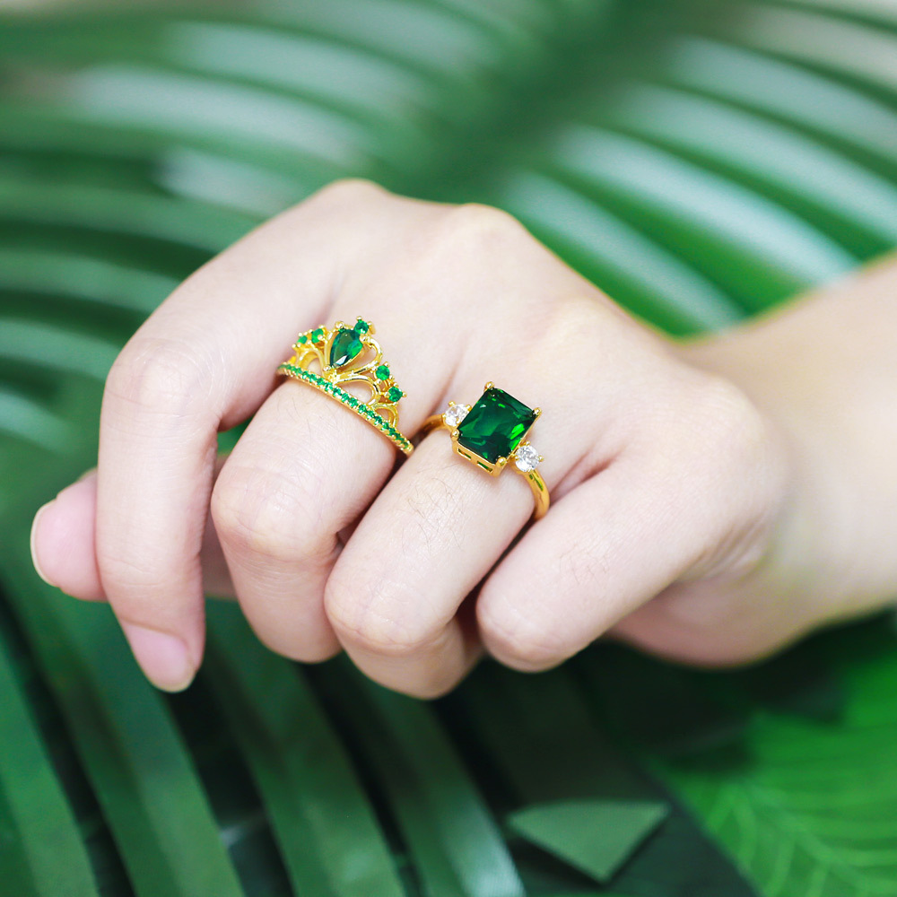 Simple malachite green geometric zircon ring female copper
