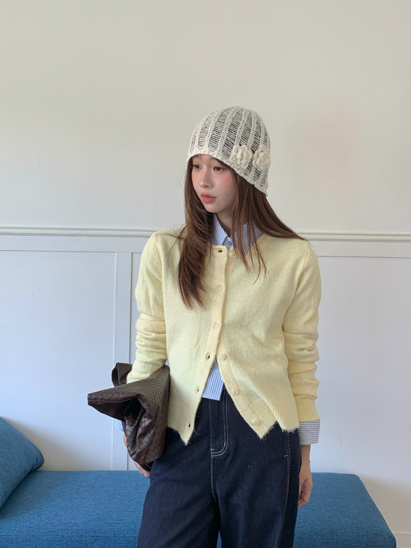 GAGD 羊毛混纺/复古圆领针织开衫女秋冬外套绿色毛衣女叠穿外搭|undefined