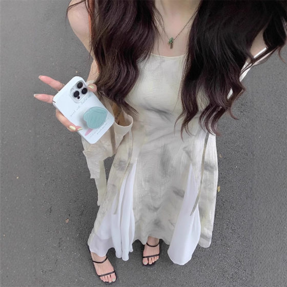French Style Retro Ink Printing Sling dress Women's Summer Beautiful Elegant Tight Waist Backless Seaside Vacation Dress