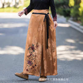 2025春季新款民族风复古人丝提花暗纹裙裤牡丹花刺绣系带休闲裤子