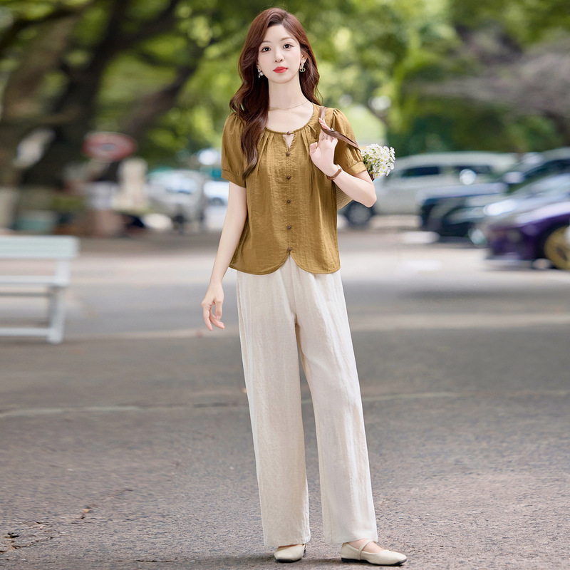 女性のためのootd衣装年齢軽減スーツの完全なセット2025夏の新しいシャツトップ気質ワイドレッグパンツ2点セット|undefined
