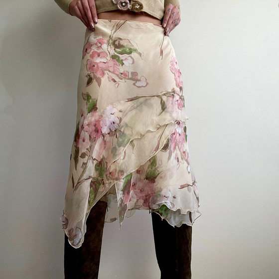 2025 spring and summer in Europe and the United States cross-border floral printing contrast color irregular low waist mesh skirt long new