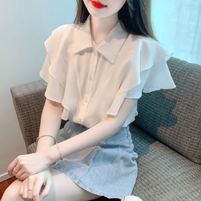 高端气质白色短袖雪纺衬衫女夏装2025新款荷叶边上衣时尚洋气时髦