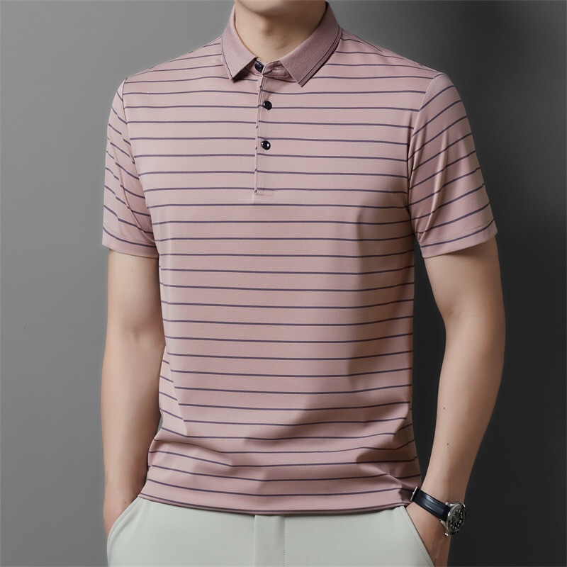 High-End Men's Short-Sleeved T-Shirt, Authentic Mulberry Silk, Striped Half-Sleeved Ice Silk Polo Shirt for Young and Middle-Aged Men High-End Men's Short-Sleeved T-Shirt, Authentic Mulberry Silk, Striped Half-Sleeved Ice Silk Polo Shirt for Young and Middle-Aged Men
