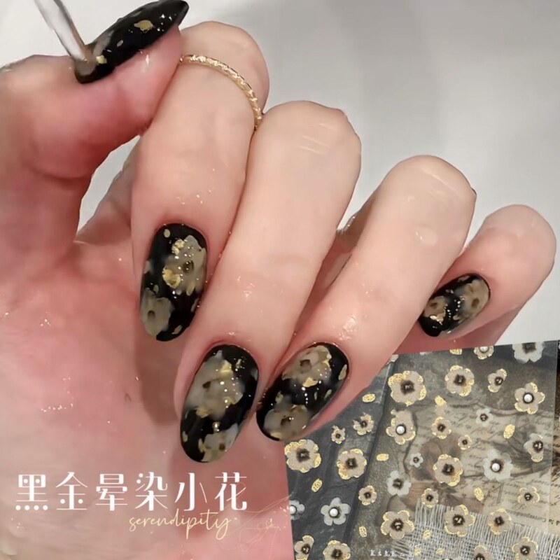 Popular Retro Black Gold Asymmetrical Smudged Flower Embossed Nail Art Stickers with Diamonds and Hot Stamping Ins Sweet and Cool Flower Adhesive Popular Retro Black Gold Asymmetrical Smudged Flower Embossed Nail Art Stickers with Diamonds and Hot Stamping Ins Sweet and Cool Flower Adhesive