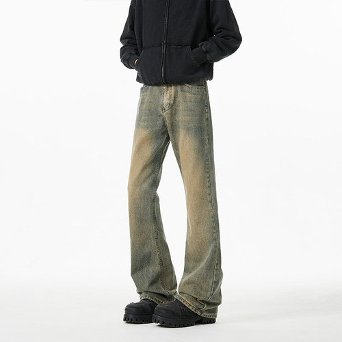 Four Seasons American Style Slimming and Tall Black Curved Knife Jeans for Men Cleanfit Wide-Leg Straight Tube Pants