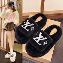 厚底字母毛毛拖鞋女2025秋冬新款外穿小香风增高一字棉拖鞋女
