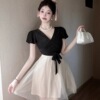 Sexy contrasting color waistband short sleeved large hem fluffy short dress