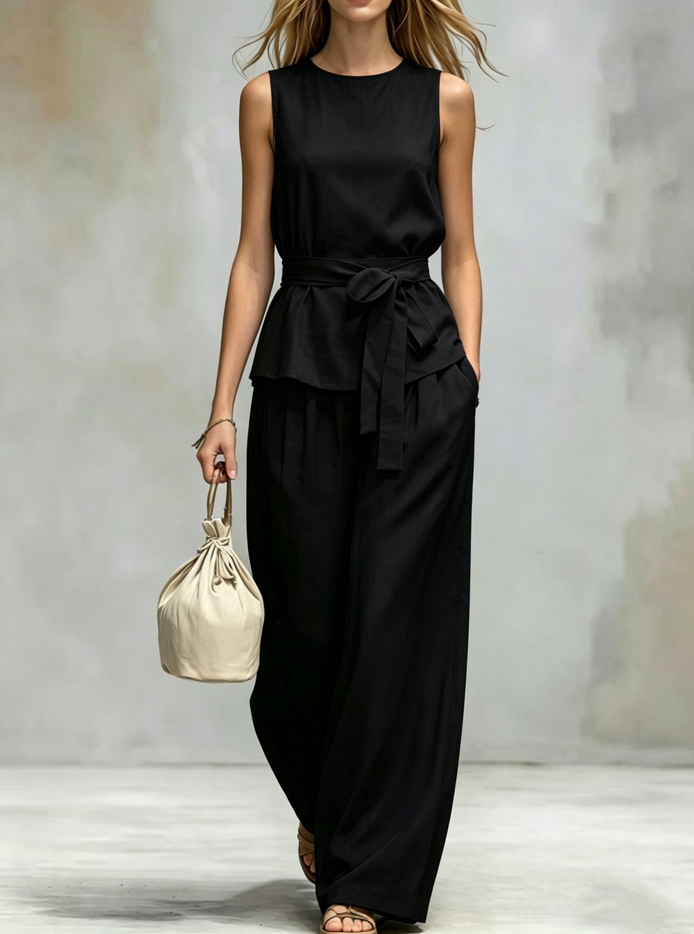 Women's Clothing Women's Spring Summer Two Piece Set Sleeveless Top And Belted Pants Casual Solid Color Style_ecoleips.com