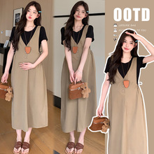 孕妇装2024新款夏装连衣裙时尚大码外穿显瘦背带裙两件套时尚套装