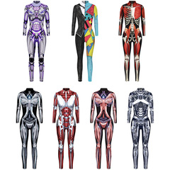 Cross-border skeleton 3D digital printing Halloween cosplay costume women's tight long-sleeved jumpsuit