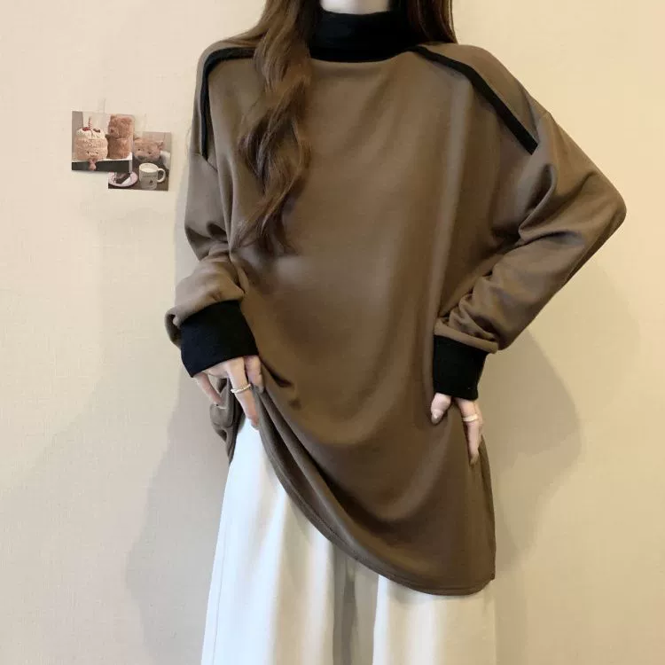 Женская Толстая нижняя рубашка с высоким воротом на флисовой подкладке больших размеров, осень и зима, новый свободный облегающий теплый Топ с длинным рукавом для женщин