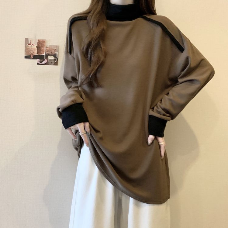 Plus-Size Fleece-Lined Thickened Turtleneck Base Layer Women's Top, New Spring and Autumn Style, Loose Fit, Slimming, Warm Long-Sleeve Shirt for Women