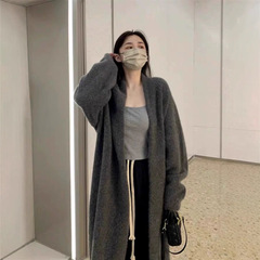 灰色中长款过膝毛衣外套女春秋冬季慵懒风百搭针织衫开衫大衣