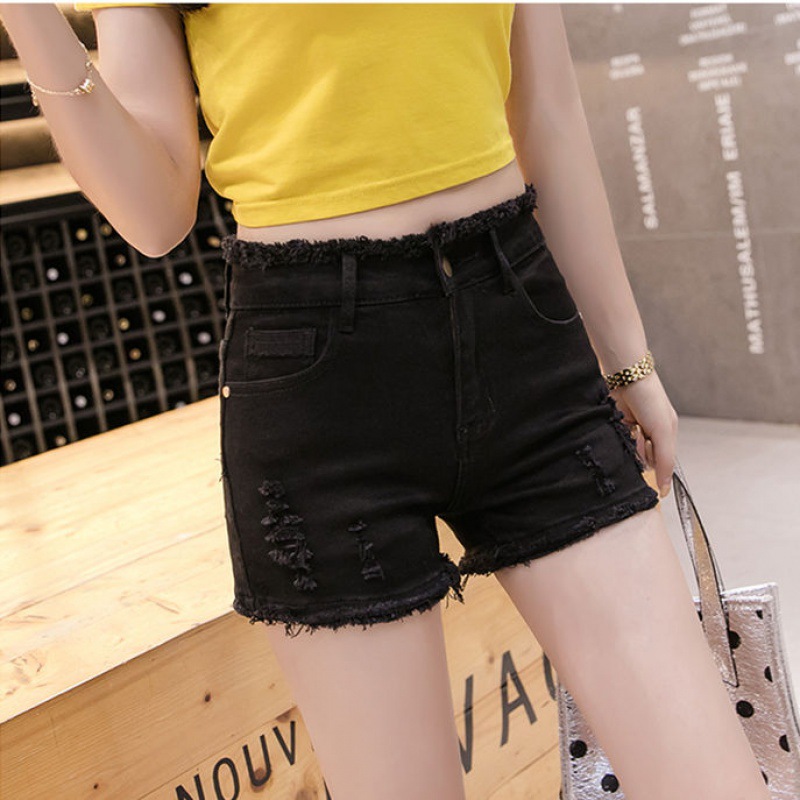 Fringe Hem Denim Shorts in Black
