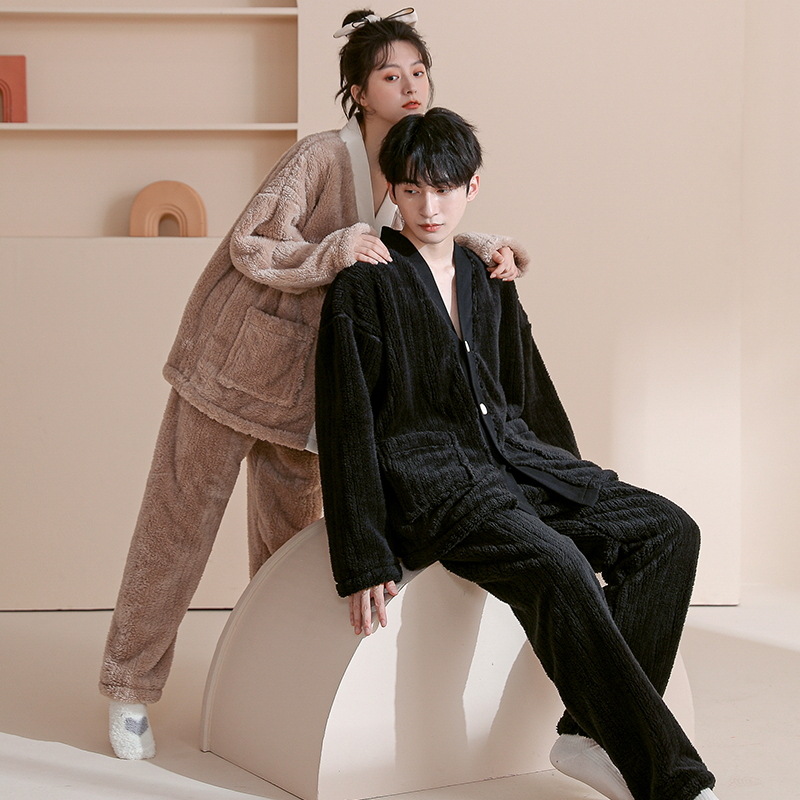 Coral polar pareja pijamas de invierno de las mujeres de manga larga kimono japonés con cuello en V estilo coreano de dibujos animados lindo traje de homewear de los hombres