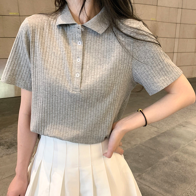 2022 Summer Hong Kong Style Short Solid Color Slim Fit Top Women's Polo Lapel Short Sleeve T-Shirt Trendy 2022 Summer Hong Kong Style Short Solid Color Slim Fit Top Women's Polo Lapel Short Sleeve T-Shirt Trendy