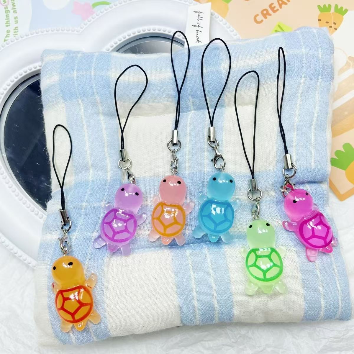 Glow-in-the-dark colorful turtle phone strap, sweet little turtle accessory, girly girly gift for best friends or couples, backpack charm.