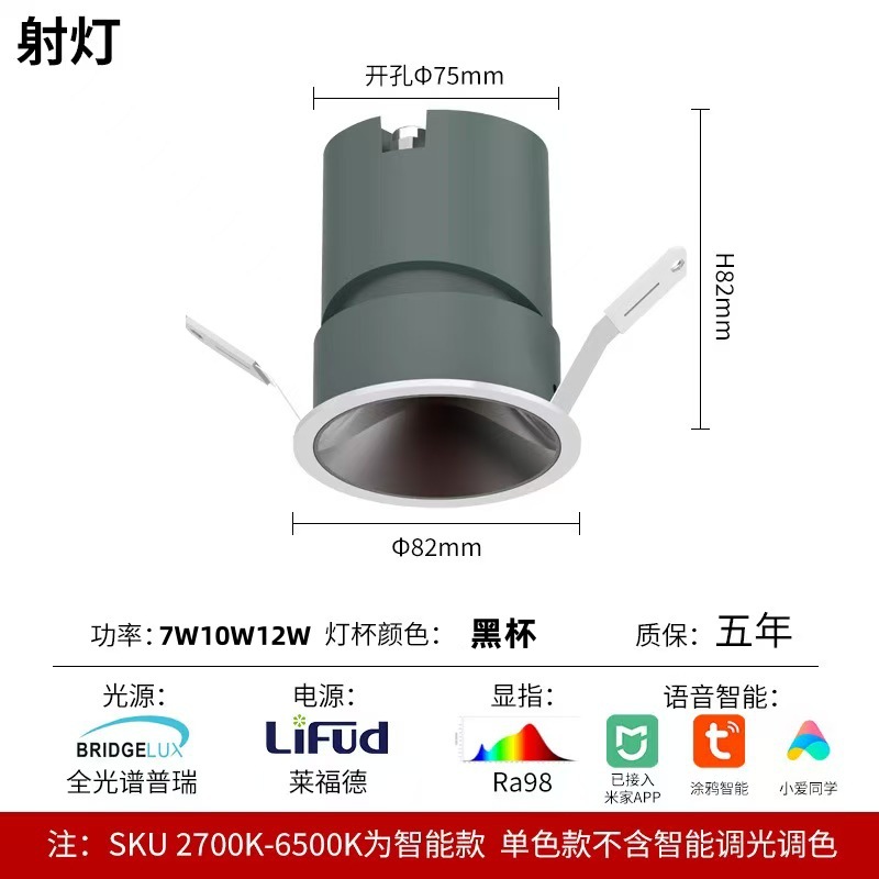 Waterproof spotlight, opening 75mm black cup, 7 watts