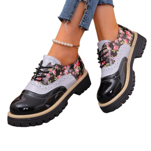 Thick heel floral lace large size brock single-layer shoes for women 2025 autumn color matching round head loafer low-cut shoes foreign trade 43