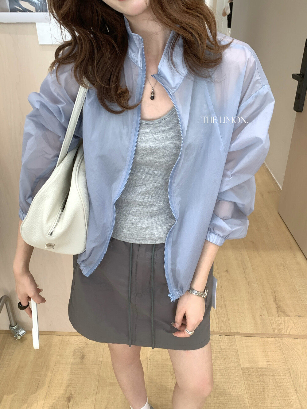 Áo chống nắng nữ dáng dài cổ đứng rút dây phong cách trẻ trung — Xám cacbon, Xám tím, xanh lam, màu cam chi tiết 3