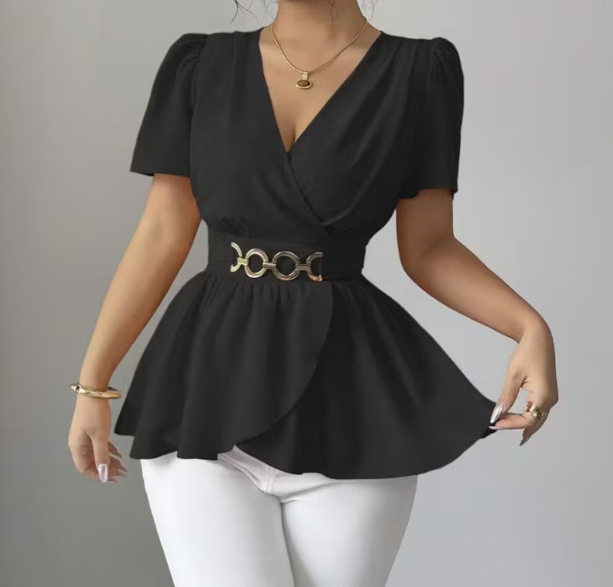 Chemisier luxueux en satin acétate pour femme, col en V, grande taille, ceinture à la taille, effet ventre plat, style estival haut de gamme, blouse décontractée_voghion.com