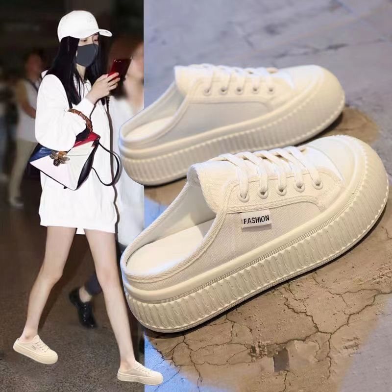 2026 Summer New Style White Canvas Shoes Outdoor Sandals Trendy Thick-Soled Closed-Toe Half Slippers for Women