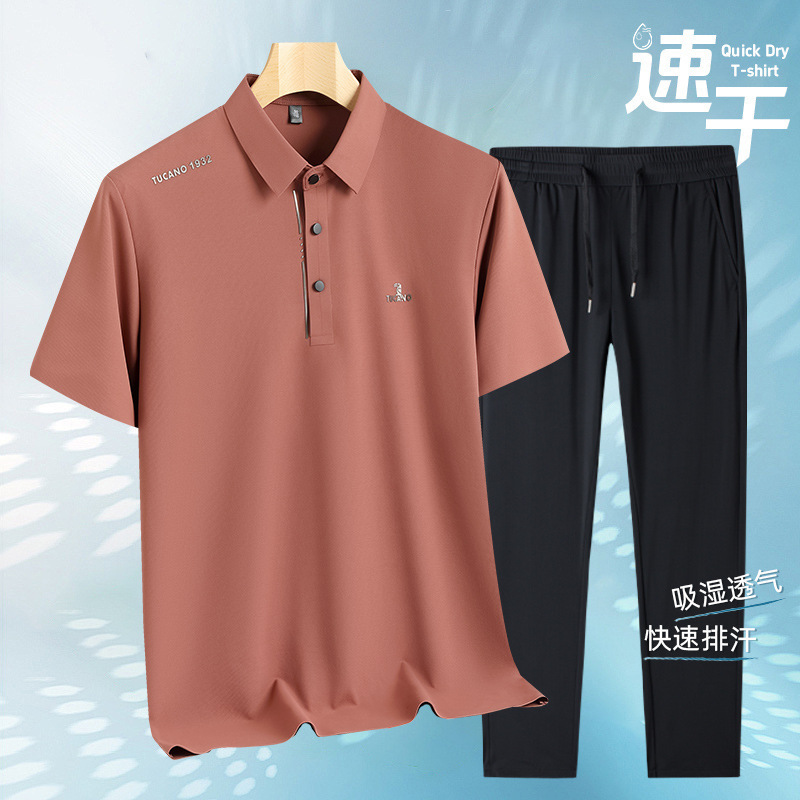 キツツキ夏アイスシルクシームレススーツメンズ半袖 Tシャツカジュアルパンツ 2025 新しいお父さんツーピースセット|undefined