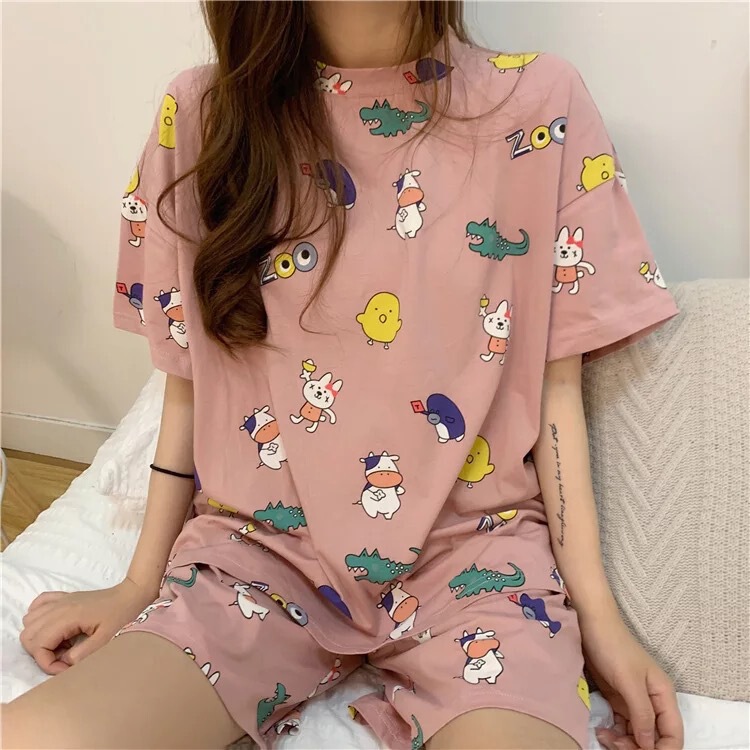 Cross-Border Thailand Southeast Asia Summer Short-Sleeved Shorts Crocodile Christmas Cartoon Student Loose Pajamas Set Home Clothes