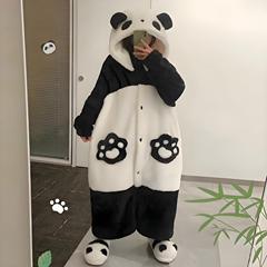 熊猫情侣睡衣女款秋冬季珊瑚绒卡通冬天睡袍加厚加绒连帽家居服男