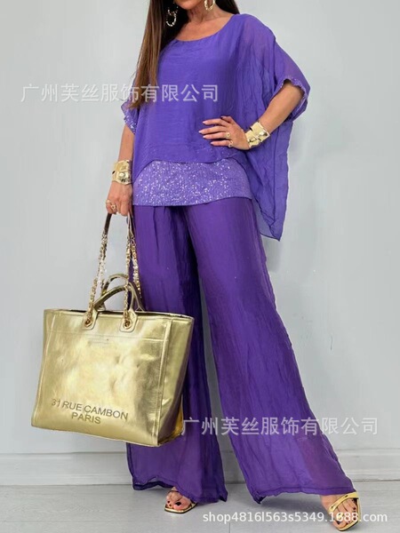 summer shiffon trousers with a round collar