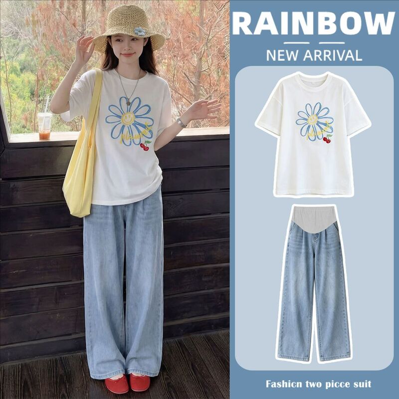 Maternity Wear Short-Sleeved T-Shirt Set Summer Loose Plus Size Age-Reducing Thin White Top and Jeans Two-Piece Set 2026