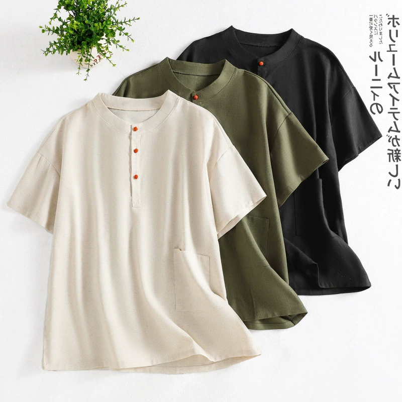 Хлопок и льна новый китайский топ женский летний новый лен с круглым вырезом