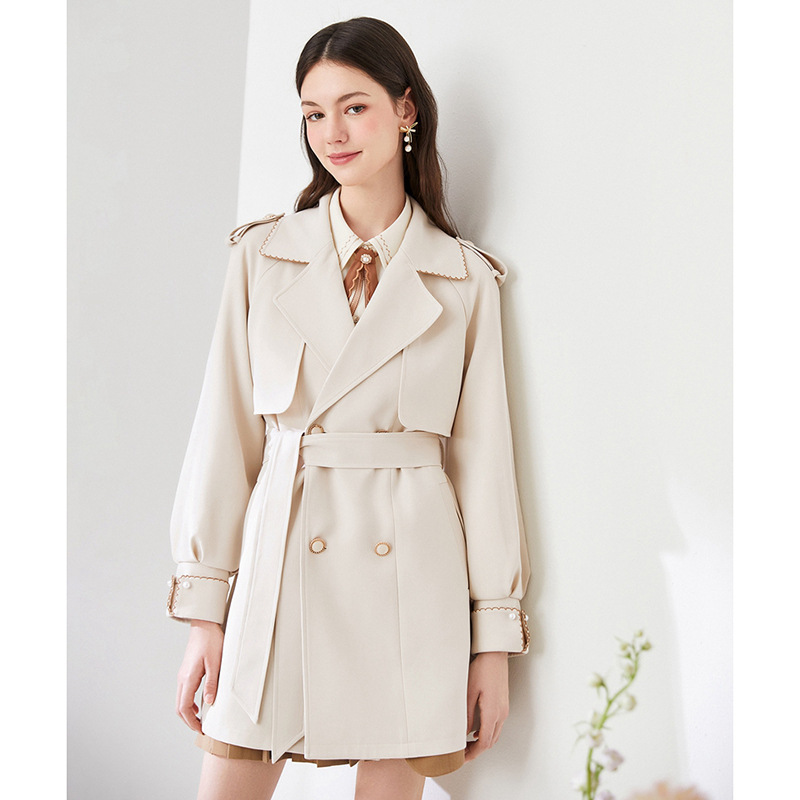 2025 New Autum Beige Windbreaker Outwear for Women Petite Classic Retro Elegant Waist Double-Breasted Outwear