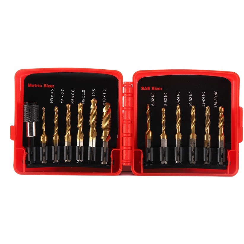 Caja de plástico roja Juego de 13 piezas de mango hexagonal estadounidense británico perforación de grifo compuesto y biselado integrado lote de grifo compuesto